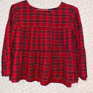 Madewell Large Tartan Plaid Peplum Babydoll Peasant Button Back Top